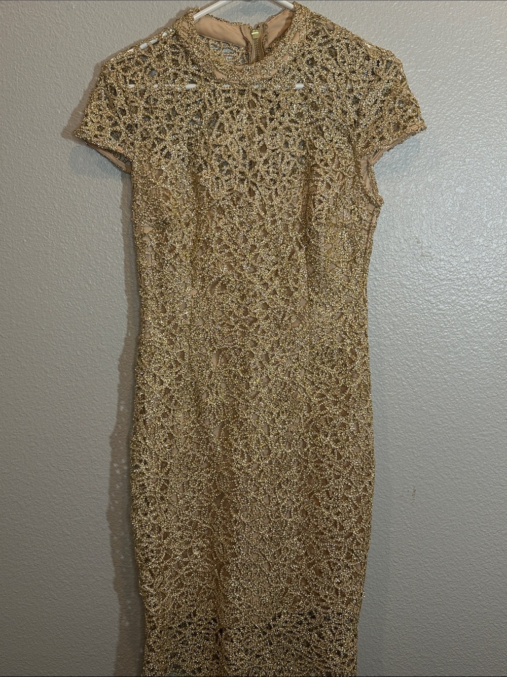 Premier Amour Gold Metallic Lace Cocktail Dress Size 8